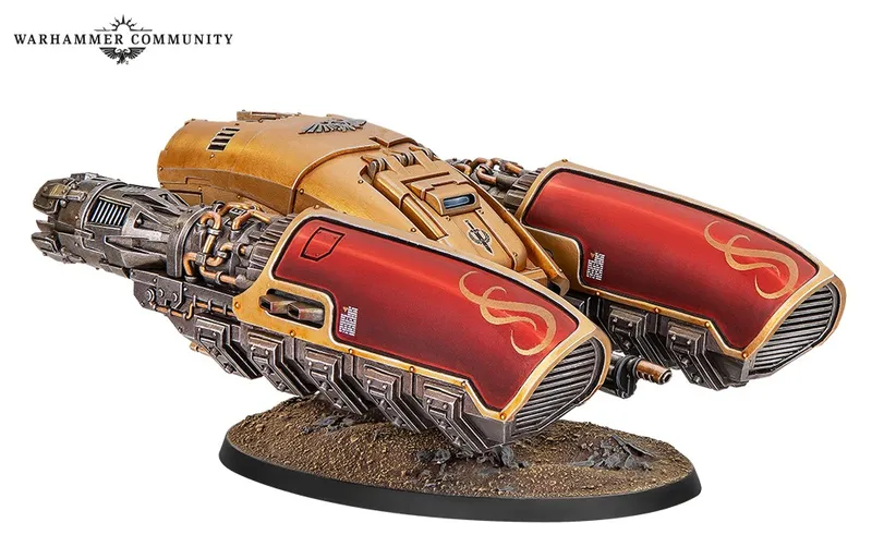 Golden and red armored vehicle with mechanical details on a rocky base.
