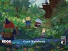 A whimsical illustration features a vibrant forest scene with a variety of anthropomorphic animals. In the foreground, a red cat wearing a wizard's hat and a backpack stands beside a yellow cat in blue clothing, while a blue cat with a mischievous expression and a mouse in a tunic are engaged in activities nearby. A charming wooden house is visible in the background, surrounded by lush greenery and mountains, creating a magical atmosphere. The title "Dungeons & Kittens" and "Core Rulebook" are prominently displayed at the bottom.