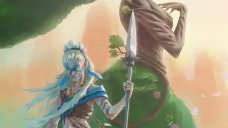 A blue-skinned woman and a tall, skeletal figure with a spear, surrounded by flowers and banners.