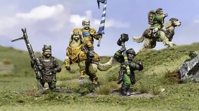 A group of halfling miniatures stands on a grassy terrain, showcasing their unique characteristics. In the center, a halfling in ornate armor rides a large, lion-like creature, holding a blue and white banner. To the left, another halfling wields a spear, while a third, dressed in green, brandishes a hammer. A fourth halfling rides a smaller, dog-like creature, completing the ensemble of pint-sized warriors. The background features a soft blue sky with scattered clouds, enhancing the whimsical atmosphere.