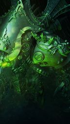 A towering 80mm warjack named Deathjack, characterized by its dark, menacing design, stands prominently in the image. Its body is adorned with spikes and skulls, featuring glowing green accents that enhance its intimidating presence. The background is dark and atmospheric, suggesting a foreboding environment fitting for this soul-hungry terror.