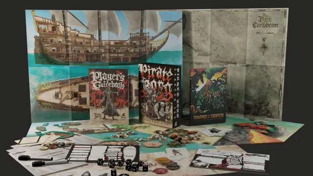 Pirate Borg game books, dice, maps, and pirate ship models on a table.