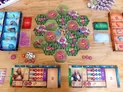 Board game setup with hexagonal green terrain tiles featuring pink and purple structures. Miniature figures and small tokens scattered across. Two player boards with character portraits, resource dials, and action icons. Dice and small bags of colored tokens on the table.