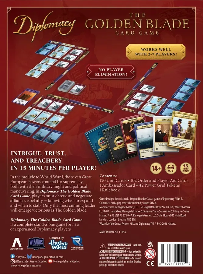 A visually rich promotional image for "Diplomacy: The Golden Blade" card game features a detailed layout of the game components on a deep red background. The game board is organized with various cards representing different European powers, alongside tokens and player aid cards. Prominent text highlights key features such as "NO PLAYER ELIMINATION!" and "WORKS WELL WITH 2-7 PLAYERS!" while the bottom section lists the game's contents and design credits.