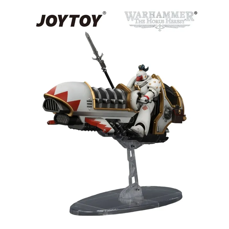 White jetbike with red accents, rider in white armor holding a lance, on a stand.