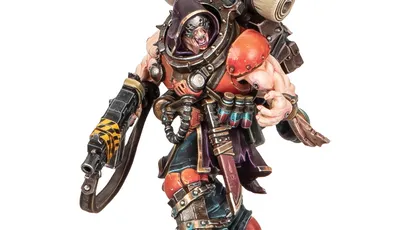 A muscular character from Necromunda stands confidently, wielding a large weapon in one hand. He wears a mix of dark and vibrant armor, featuring orange and black accents, and has a large backpack with rolled-up materials. His fierce expression and detailed gear, including various pouches and a utility belt, emphasize his menacing presence.
