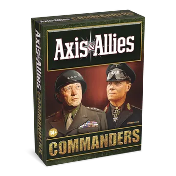 A box for "Axis & Allies: Commanders" features a striking illustration of two historical military leaders. On the left, a U.S. General in a uniform adorned with medals and a helmet, and on the right, a German Field Marshal in a dark uniform with distinctive insignia. The title "Axis & Allies" is prominently displayed at the top, with "COMMANDERS" in bold gold letters at the bottom, and a small age recommendation of "14+" in the lower corner. The background is a gradient of warm colors, enhancing the dramatic presentation.