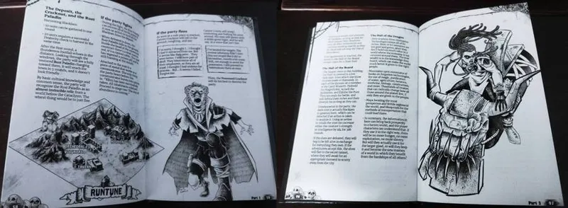 Open book spread displaying two pages of a tabletop roleplaying game supplement. The left page features a large black-and-white illustration of a robed, skeletal figure with exaggerated facial features, holding a small child wrapped in cloth. The figure wears a wide-brimmed hat and has tattered, wing-like fabric draped over its shoulders. Below the illustration, a section of body text begins with the heading "Then, the Postman/Gravedigger and the two lead to finding the party."

The right page contains dense body text, including a section titled "The End of the Road" and another titled "The Ritual of the Board." At the bottom of the right page, the year "2023" and the publisher "ND Hobbies" are printed. The text is formatted in two columns with a serif font.