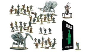 A collection of miniatures from Warlord Games' Konflikt ’47 is displayed, featuring various figures including soldiers, zombies, and mechanical creatures. Prominently featured is the book titled "Konflikt ’47: Festung Europa," which showcases a green silhouette on its cover. Among the miniatures, a notable figure in powered armor and a mechanical creature stand out, highlighting the game's unique blend of historical and fantastical elements.