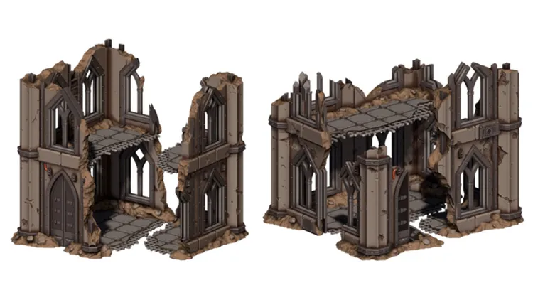 Two detailed 3D-rendered models of ruined buildings are displayed, showcasing a grimdark architectural style. The structures feature broken walls, arched windows, and a mix of stone and metal elements, with visible damage and debris. One model includes a staircase leading to an upper level, while the other has a central tower-like structure, emphasizing the post-apocalyptic aesthetic suitable for tabletop gaming.