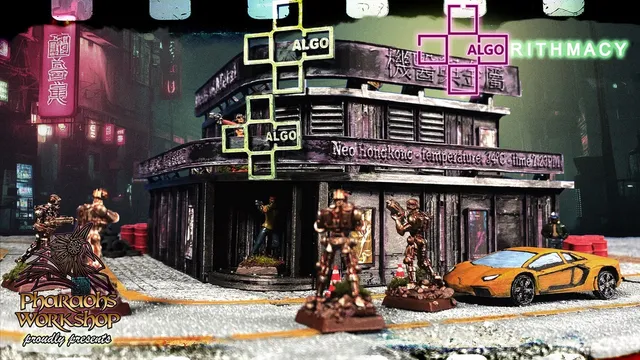 A cyberpunk building with "ALGO" signs, neon Chinese characters, and miniatures outside.