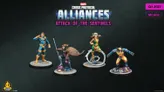 Four detailed miniatures from the Marvel: Crisis Protocol Alliances game titled "Attack of the Sentinels" are displayed against a dark background. The characters include Cyclops, dressed in a blue and yellow costume, Gambit with a staff and a brown trench coat, and Rogue in a green and yellow outfit, showcasing their unique poses and expressions. Each miniature is mounted on a circular base, highlighting their dynamic designs and the quality of the F.A.S.T. assembly.