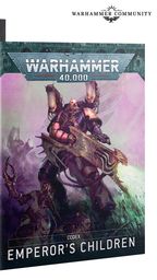 A striking display features two editions of the "Codex: Emperor’s Children" for Warhammer 40,000. On the left, a dark cover showcases a dynamic illustration of a warrior wielding a sword, while the right cover presents a vibrant image of a heavily armored figure with a weapon, both embodying the chaotic essence of the Emperor’s Children. The titles "Codex: Emperor’s Children" are prominently displayed on both covers, emphasizing the focus on this faction's lore and gameplay.