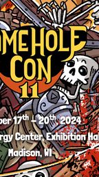 Gamehole Con 11 image showing a knight fighting skeletons. Event dates are October 17th to 20th, 2024, at Alliant Energy Center, Exhibition Hall, Madison, WI
