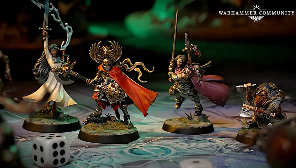A trio of miniatures from the board game Warhammer Quest: Darkwater is displayed on a detailed game board. On the left, a character in a flowing red cloak wields a staff, while in the center, a heavily armored warrior brandishes a sword and shield, showcasing intricate details on their armor. To the right, a duardin ranger holds an axe and has a backpack filled with adventuring gear, all set against a richly colored background that enhances the fantasy theme.
