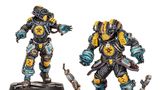 Two miniatures of Psi Judges Palanite Enforcers are displayed, showcasing their distinct designs. On the left, a Psyrender is depicted with a sleek black and yellow suit, featuring blue accents and a skull emblem on the chest, gesturing as if using psychic powers. On the right, a Bonecrusher stands in a more imposing stance, with a bulkier frame and similar color scheme, holding a weapon that appears to be a twisted piece of metal. Both figures are mounted on circular bases, set against a simple dark background.