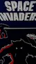 A vintage arcade cabinet for the game "Space Invaders" features a striking design with bold, white lettering at the top. The artwork depicts a large, menacing alien creature in black and red, with smaller figures and a spaceship above it, set against a dark blue background. The cabinet shows signs of wear, adding to its nostalgic charm, and is positioned in a well-lit space that suggests a gaming or exhibition environment.