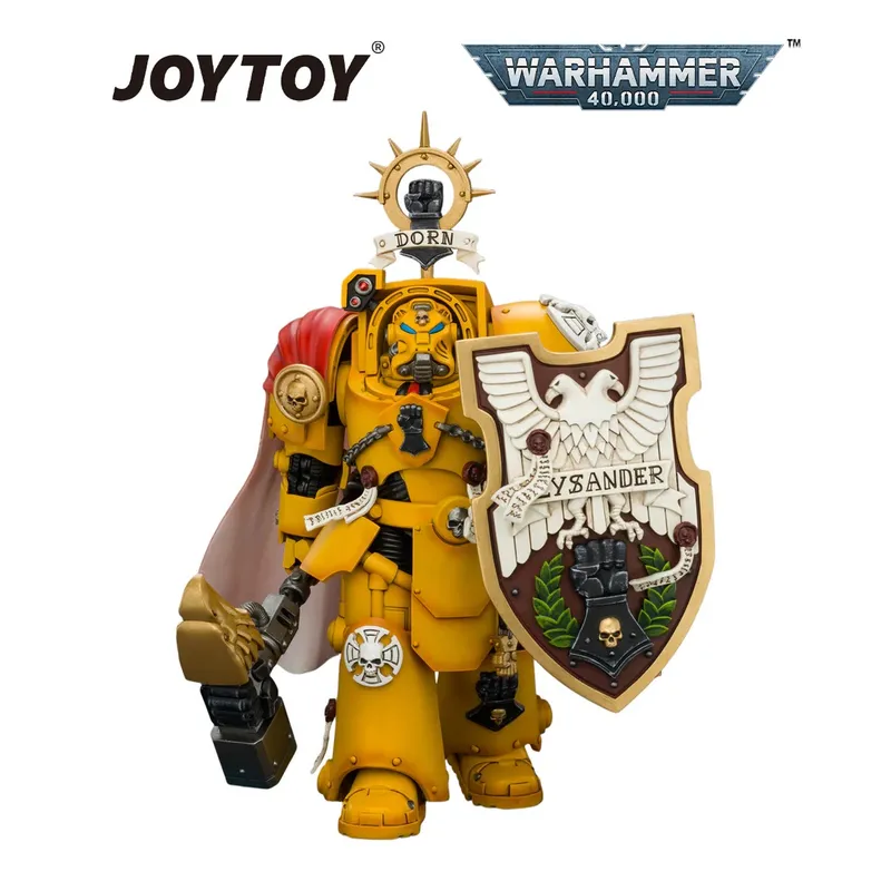 Yellow armored figure with red cape, holding a hammer and shield with "LYSANDER" and eagle emblem.