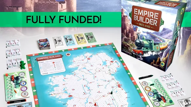 Board game box titled "Empire Builder: Ireland" featuring a green steam locomotive on a scenic landscape with mountains and a castle. Opened box reveals a map of Ireland with red and blue markers, small green cards, and a rulebook with icons.