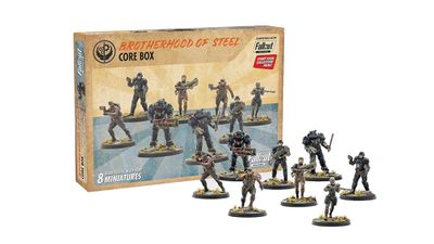 A box labeled "Brotherhood of Steel Core Box" prominently displays eight 32mm scale miniatures from the Fallout universe, featuring a mix of characters including a Paladin and Knight in power armor, Field Scribes, and Brotherhood of Steel members. The miniatures are arranged on a light blue background, with detailed bases that include tufts of grass. The box design incorporates the Fallout logo and highlights the contents, emphasizing the high-quality, multi-part, hard plastic nature of the miniatures.