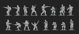A collection of 28mm scale miniatures representing American soldiers from World War II is displayed, featuring various poses and stances. The figures include Airborne paratroopers, Rangers, and other military personnel, all intricately detailed and rendered in a metallic finish. The arrangement showcases multiple soldiers aiming weapons, gesturing, and preparing for action, highlighting the diversity of the U.S. armed forces during the 1944 campaign to liberate France.