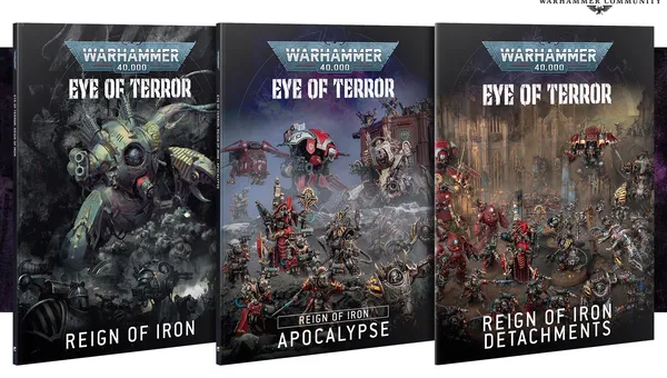 A slipcase set titled "Eye of Terror: Reign of Iron" for Warhammer 40,000 10th Edition features three hardcover books. The left book, "Eye of Terror: Reign of Iron," showcases a dark cover with imagery of Iron Warriors and mechanical elements. The center book, "Reign of Iron: Apocalypse," highlights large-scale battle scenes with various factions, while the right book, "Reign of Iron: Detachments," displays a more detailed scene with Chaos Space Marines and Imperial forces. Each book is visually distinct, emphasizing the themes of war and chaos in the Warhammer universe.