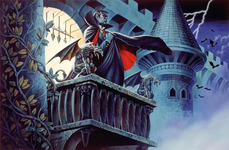 A dark, brooding figure stands on a stone balcony, draped in a flowing black cape with a red lining, overlooking a misty landscape. Two small, winged creatures perch beside him, while a castle tower with a pointed roof looms in the background, illuminated by a full moon and streaks of lightning. Bats fly in the night sky, adding to the ominous atmosphere of the scene.