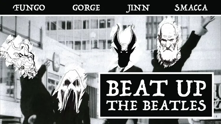 A black-and-white illustration features four characters with distinct, monstrous designs, each wearing suits and striking dynamic poses. The characters are labeled with names: 