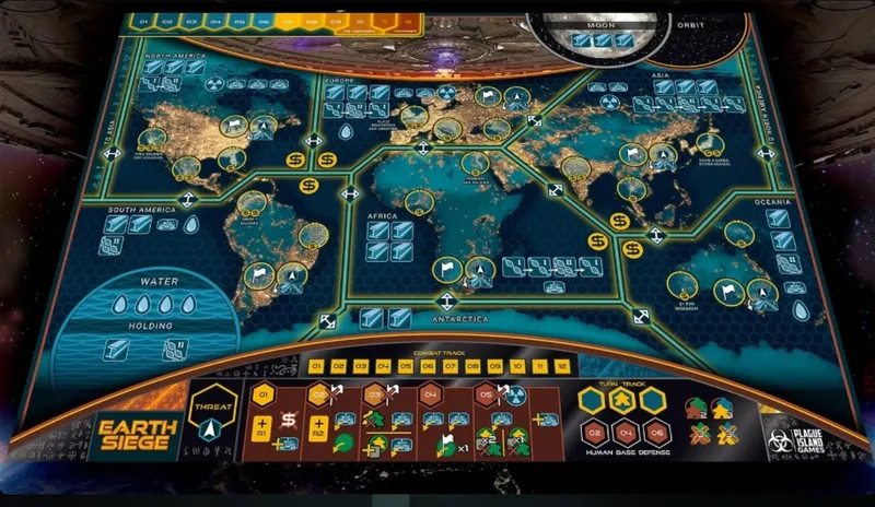 A detailed game board for "Earth Siege: Arrival" features a world map divided into regions, including North America, South America, Africa, Europe, Asia, and Oceania, with various icons representing military and political elements. The board includes a turn track and combat track at the bottom, along with indicators for human base defense and resources. Bright colors and a futuristic design enhance the thematic elements of an alien invasion scenario.