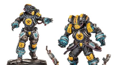 Two miniatures of Psi Judges Palanite Enforcers are displayed, showcasing their distinct designs. On the left, a Psyrender is depicted with a sleek black and yellow suit, featuring blue accents and a skull emblem on the chest, gesturing as if using psychic powers. On the right, a Bonecrusher stands in a more imposing stance, with a bulkier frame and similar color scheme, holding a weapon that appears to be a twisted piece of metal. Both figures are mounted on circular bases, set against a simple dark background.