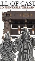 A collection of detailed 3D printable miniatures and terrain pieces from the "Fall of Castograd" Kickstarter campaign. The image features several miniatures, including spiky, armored figures wielding weapons, alongside various structures such as a fortified building and a landing platform, all designed in a grimdark aesthetic. The text "FALL OF CASTOGRAD 3D PRINTABLE TERRAIN AND MINIS" is prominently displayed at the top, emphasizing the campaign's focus on both miniatures and scenery.