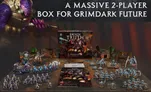 A large, visually striking box titled "Broken Truth" is prominently displayed at the center, featuring artwork from the game "Grimdark Future." Surrounding the box are two full 28mm scale armies: the Saurian Starhost, depicted as fierce lizardmen, and the Robot Legions, represented by various robotic figures. The scene includes game components like rules, tokens, and terrain pieces, all set against a dark, atmospheric background that enhances the grimdark theme.