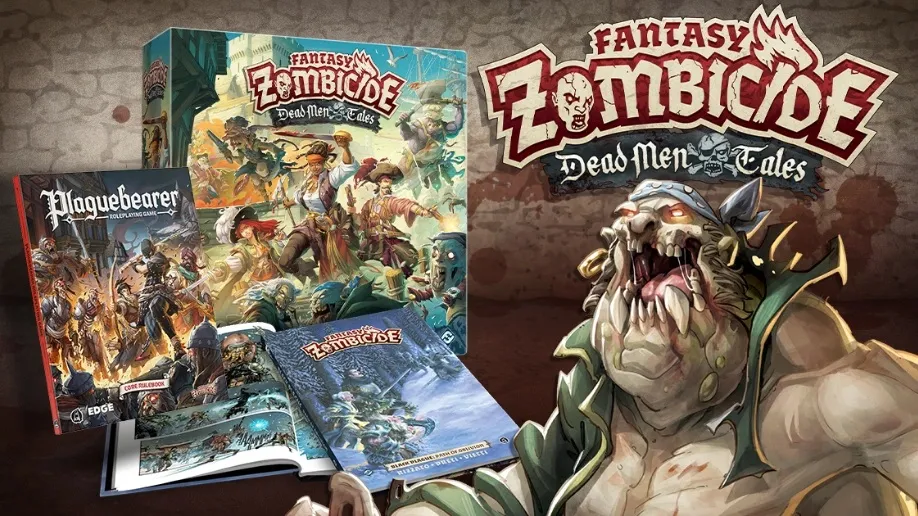 A vibrant display features the "Fantasy Zombicide: Dead Men Tales" box set prominently, showcasing colorful artwork of pirate characters engaged in action. Next to the box, a hardcover book titled "Plaguebearer" and a graphic novel are visible, both adorned with detailed illustrations. In the foreground, a large, menacing zombie character with a bandana and tattered clothing adds a dramatic touch to the scene, emphasizing the game's adventurous and fantastical theme.