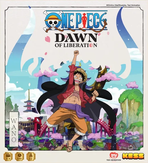 A vibrant illustration features a character from One Piece, wearing a straw hat and a red open shirt, joyfully raising one arm in celebration. The background depicts a colorful Wano landscape with traditional Japanese architecture, including pagodas and bridges, surrounded by lush greenery and pink clouds. The title "ONE PIECE: DAWN OF LIBERATION" is prominently displayed at the top, along with details indicating the game is for 1-4 players, has a playtime of 180 minutes, and is suitable for ages 14 and up.