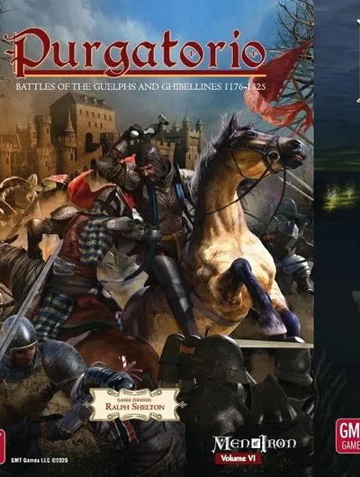 The image features two board game covers side by side. On the left, "Purgatorio: Battles of the Guelphs and Ghibellines 1176-1325" showcases a dramatic scene with armored knights engaged in battle, set against a backdrop of a medieval castle and a cloudy sky. On the right, "Infernal Machine: Dawn of Submarine Warfare" presents a dark underwater scene featuring a submarine, with faint light illuminating the water and hints of a shipwreck in the background. Both covers highlight the historical themes of their respective games.