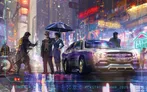 A stylish, futuristic scene set in a vibrant, neon-lit cityscape, featuring a sleek, silver vehicle parked on a rain-soaked street. In the foreground, a man in a fedora and a woman in a tailored outfit stand together, the woman holding a black umbrella. The background is filled with colorful signs and reflections, enhancing the cyberpunk atmosphere of the setting.