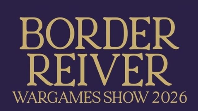 The text features the words "BORDER REIVER WARGAMES SHOW 2023" in large, bold, golden letters against a dark purple background. The design emphasizes the event's name, making it prominent and eye-catching. The overall aesthetic conveys a sense of importance and excitement for the wargaming community.