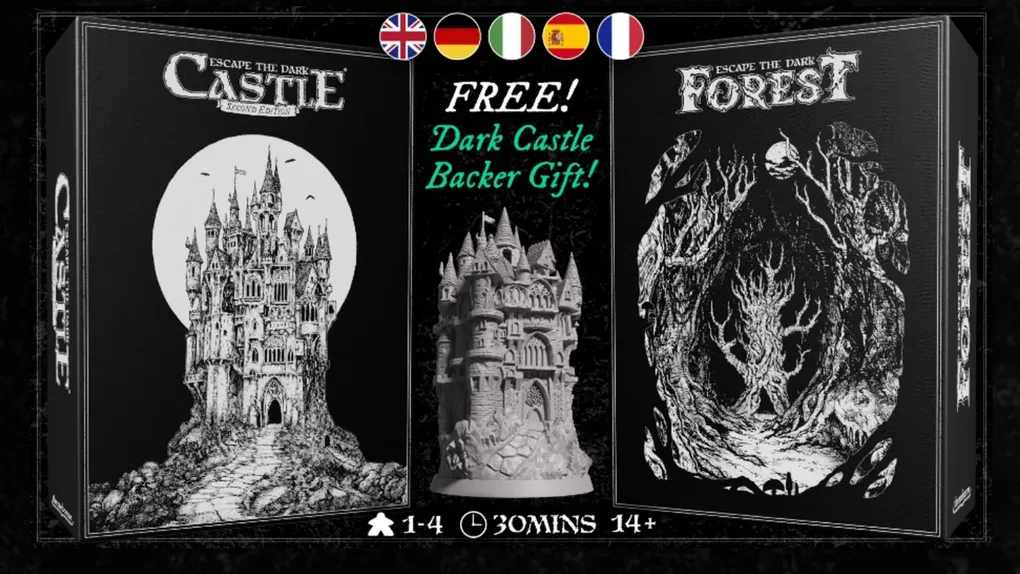 The image features promotional artwork for two tabletop games: "Escape the Dark Castle" Second Edition on the left, showcasing a detailed black-and-white illustration of a gothic castle against a full moon. In the center, a three-dimensional miniature of the Dark Castle is displayed, highlighting its intricate design. On the right, the title "Escape the Dark Forest" is presented with a dark, ominous illustration, suggesting a foreboding atmosphere. The text "FREE! Dark Castle Backer Gift!" is prominently featured, along with icons representing different languages at the top.