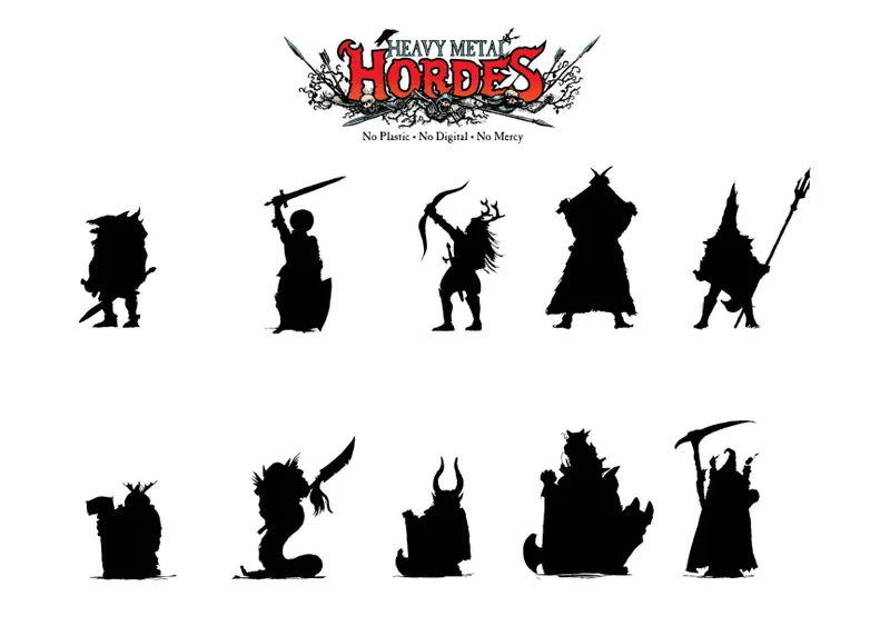 Silhouettes of various fantasy miniatures are displayed against a white background, showcasing a range of characters including warriors, spellcasters, and monstrous figures. The top of the image features the "HEAVY METAL HORDES" logo, emphasizing the tagline "No Plastic • No Digital • No Mercy." Each silhouette represents a different design, hinting at the nostalgic aesthetic aimed at old school miniatures enthusiasts.