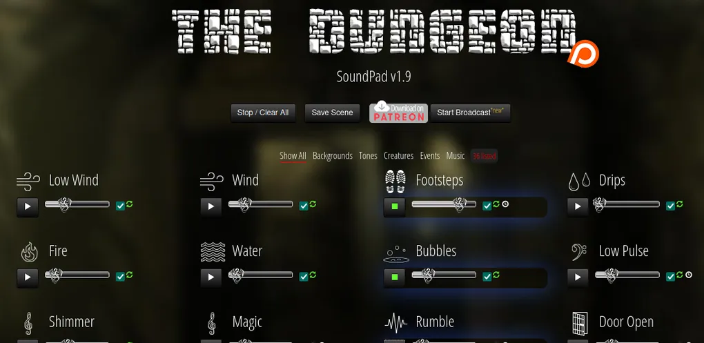 A page from the site showing all the different soundscape elements for dungeons