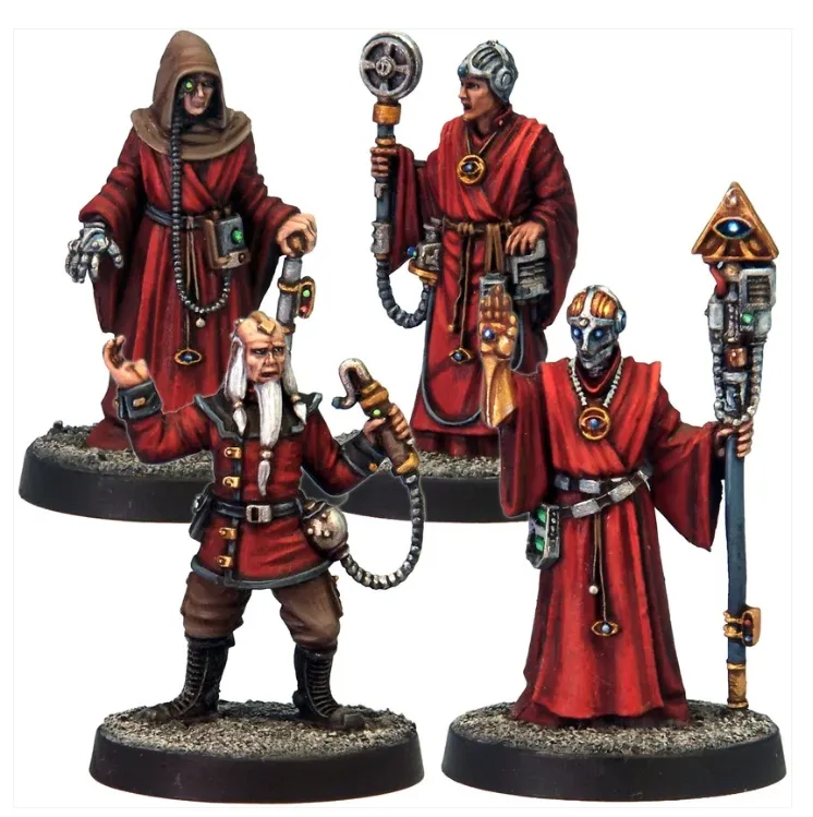 Four red-robed sci-fi figures with futuristic staffs and devices.