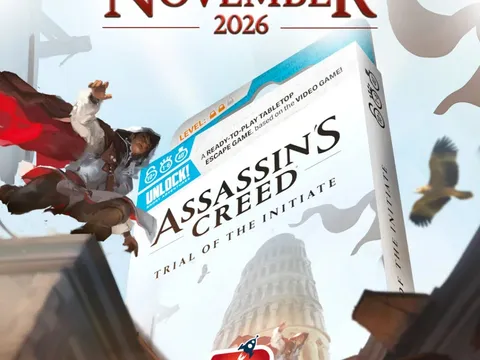 A woman in Assassin’s Creed attire mid-leap over a rooftop, holding a Hidden Blade. A box for Assassin’s Creed: Trial of the Initiate with text: "UNLOCK! READY-TO-PLAY TABLETOP EDGE GAME. DIY VIDEO GAME. £6.99. ASSASSIN’S CREED. TRIAL OF THE INITIATE." Space Cowboys logo at bottom.