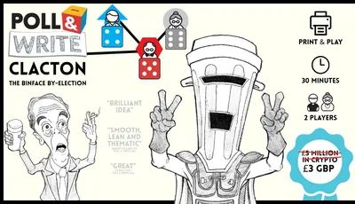 A robot with a blender for a head making peace signs, with dice and text "BRILLIANT IDEA", "SMOOTH, LEAN AND THEMATIC", "GREAT".