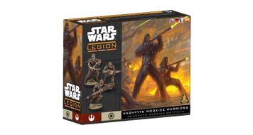 A box for the "Star Wars: Legion" game features a dynamic illustration of Kashyyyk Wookiee warriors in action, with two prominent Wookiees wielding blasters amidst a fiery backdrop. The left side of the box displays three detailed miniatures of Wookiee warriors, showcasing their distinctive fur and weaponry. The title "Kashyyyk Wookiee Warriors" is prominently displayed at the bottom, along with the game's branding and logos.