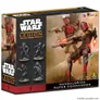 A box for the "Mandalorian Super Commandos" set from the Star Wars: Legion miniatures game features dynamic artwork of Mandalorian warriors in action. The box displays four miniatures, showcasing their distinctive armor with red and black accents, and includes two figures aiming blasters while two others are posed in combat stances. The background depicts a sandy battlefield, enhancing the theme of conflict and adventure in the Star Wars universe.