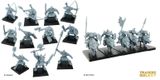 A collection of ten grey plastic orc miniatures is displayed on black bases, showcasing various poses and weapons. The orcs are equipped with a mix of weapons, including bows, swords, axes, and shields, highlighting their battle-ready stance. Each figure features distinct facial expressions and armor details, emphasizing their fierce and aggressive nature.