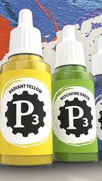Four bottles of P3 Paints are prominently displayed against a colorful, textured background. The bottles include Menite Ochre, Radiant Yellow, Witchfire Green, and Frostbite Violet, each featuring a distinctive label with the P3 logo. The vibrant colors of the paints contrast with the dynamic splashes of paint in the background, highlighting the artistic theme of the image.