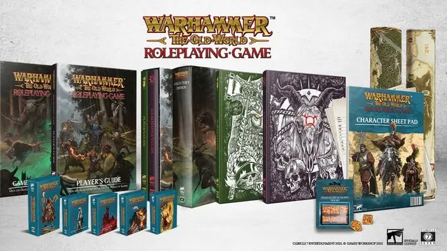 A collection of Warhammer: The Old World roleplaying game products is displayed, featuring several books and accessories. Prominently shown are the core rulebook, a player's guide, and a collector's edition, all adorned with intricate artwork. Additionally, there are packs of cards, a character sheet pad, and various dice, emphasizing the comprehensive nature of the available bundles.