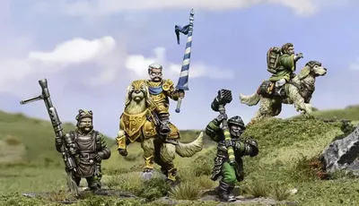 A group of halfling miniatures stands on a grassy terrain, showcasing their unique characteristics. In the center, a halfling in ornate armor rides a large, lion-like creature, holding a blue and white banner. To the left, another halfling wields a spear, while a third, dressed in green, brandishes a hammer. A fourth halfling rides a smaller, dog-like creature, completing the ensemble of pint-sized warriors. The background features a soft blue sky with scattered clouds, enhancing the whimsical atmosphere.