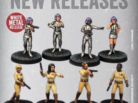 Nine miniatures in sci-fi uniforms, some holding guns, on black bases. Text: "NEW RELEASES WHITE METAL RELEASE LUNA COMMAND SUBMARINE SECURITY"